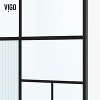 Framed shower screen with matte black grid design and mixed clear, privacy, and white glass panels inspired by Mondrian art