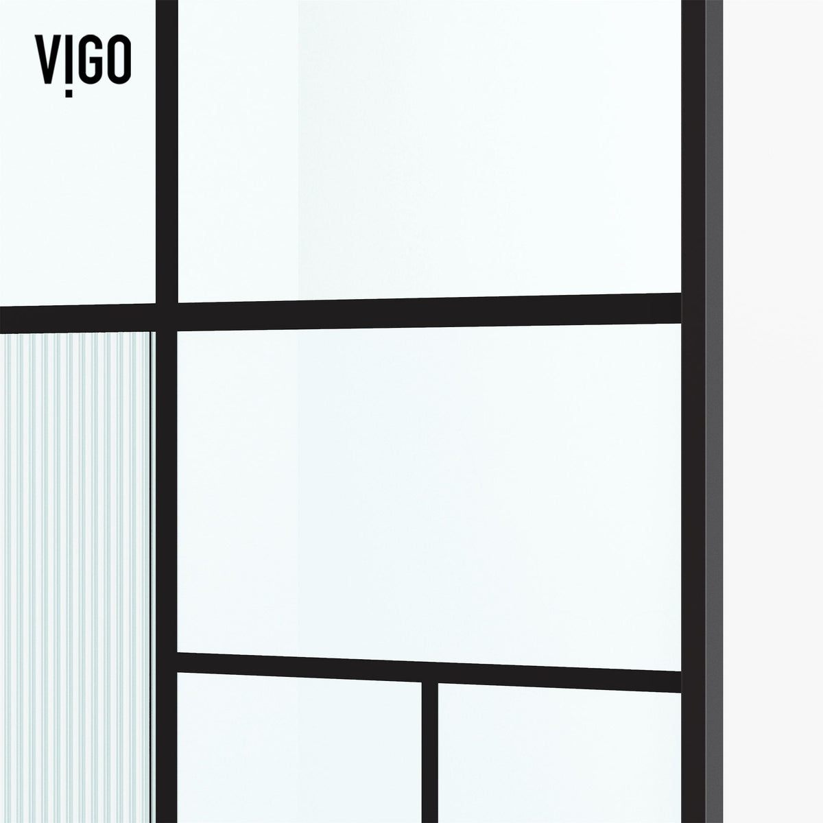 Framed shower screen with matte black grid design and mixed clear, privacy, and white glass panels inspired by Mondrian art