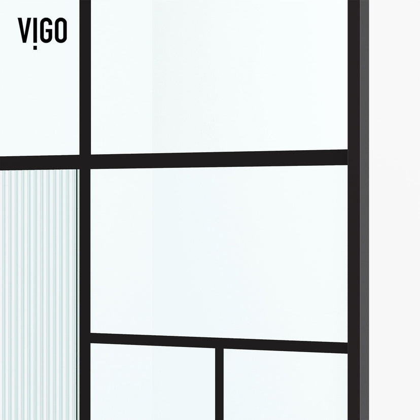 Framed shower screen with matte black grid design and mixed clear, privacy, and white glass panels inspired by Mondrian art