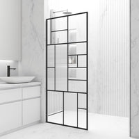 Modern framed shower screen with fluted tempered glass, matte black finish, fixed installation, reversible door