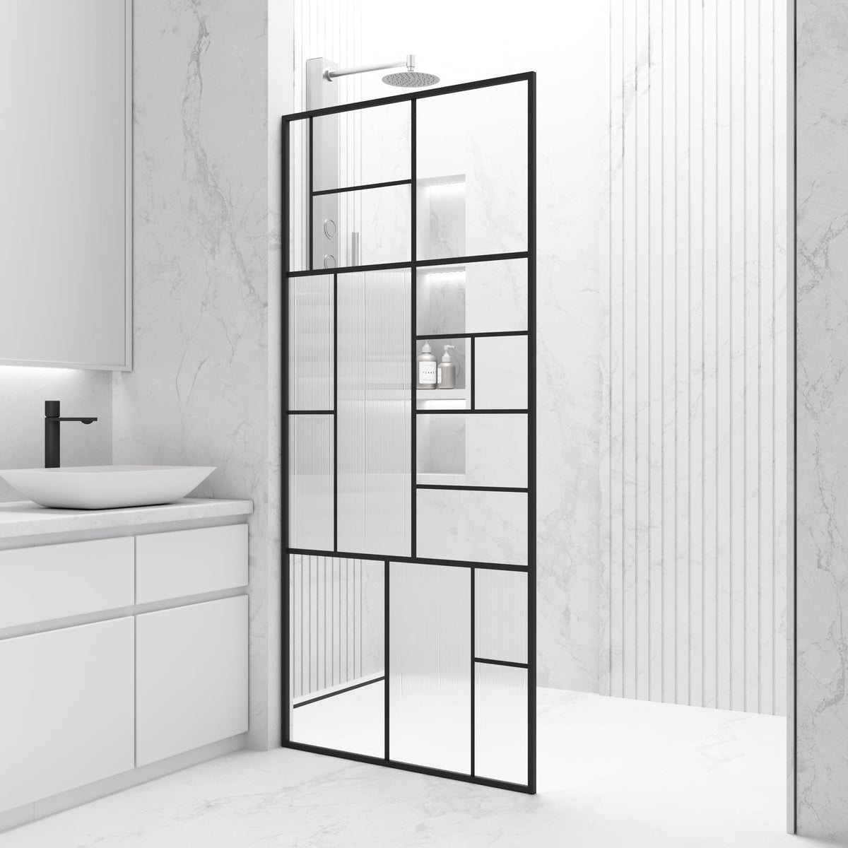 Modern framed shower screen with fluted tempered glass, matte black finish, fixed installation, reversible door