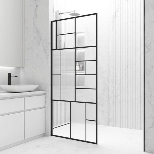 Modern framed shower screen with fluted tempered glass, matte black finish, fixed installation, reversible door