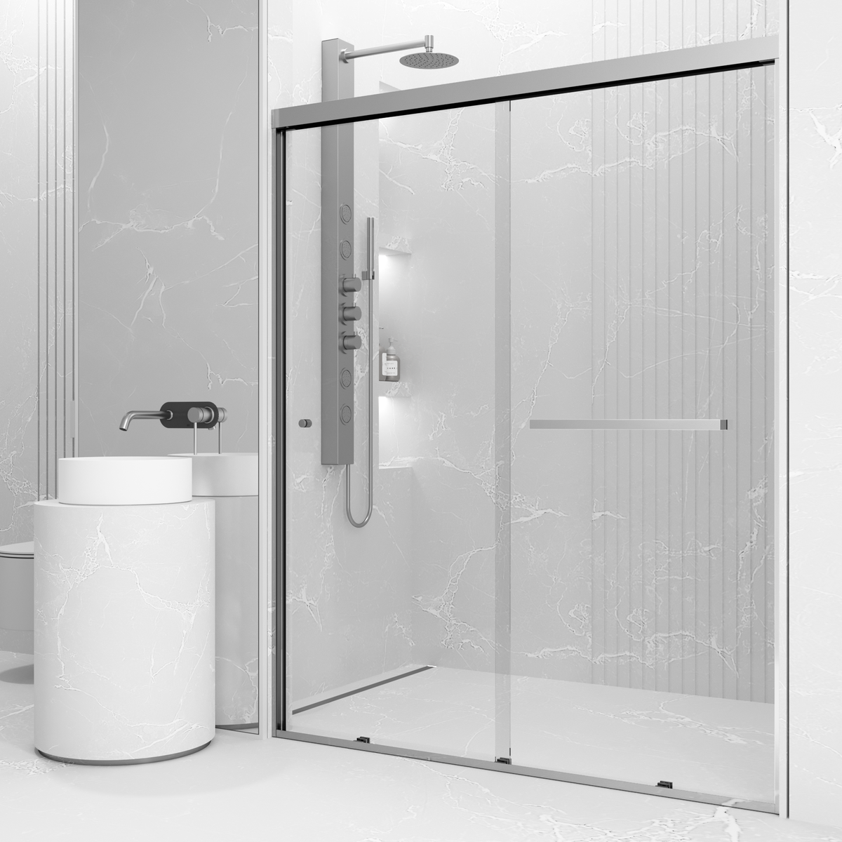 Chrome framed shower door with clear tempered glass and bar handle