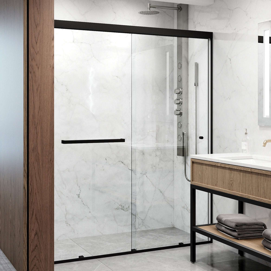 Modern alcove shower door with matte black finish and hinged door opening