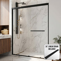 Satro 56 to 60 in W x 74 in H Double-Sliding Door in Matte Black (6mm) Clear Glass and Elan 24 in. Linear Shower Drain