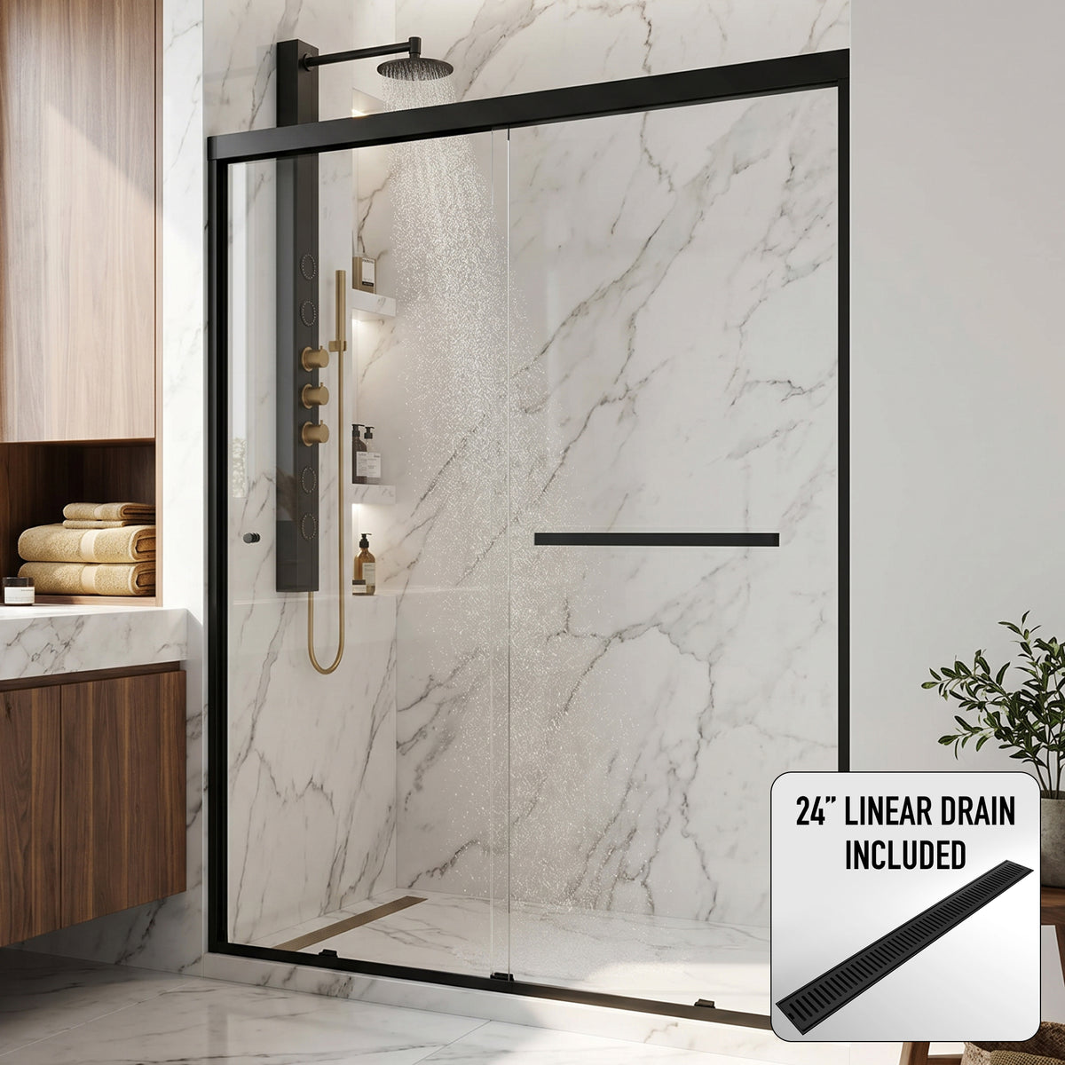 Satro 56 to 60 in W x 74 in H Double-Sliding Door in Matte Black (6mm) Clear Glass and Elan 24 in. Linear Shower Drain