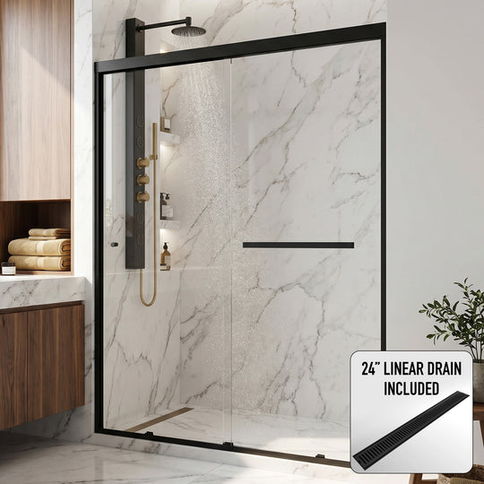 Satro 56 to 60 in W x 74 in H Double-Sliding Door in Matte Black (6mm) Clear Glass and Elan 24 in. Linear Shower Drain