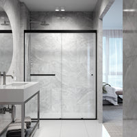 Satro 56 to 60 in W x 74 in H Double-Sliding Door in Matte Black (6mm) Clear Glass and Elan 24 in. Linear Shower Drain