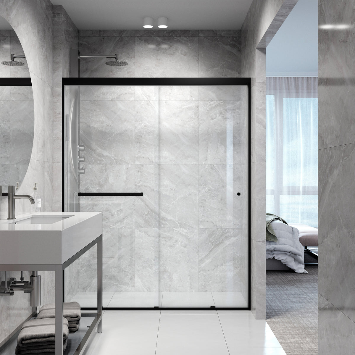 Satro 56 to 60 in W x 74 in H Double-Sliding Door in Matte Black (6mm) Clear Glass and Elan 24 in. Linear Shower Drain