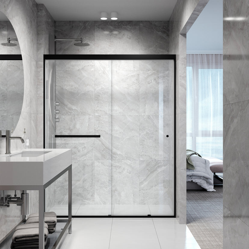 Satro 56 to 60 in W x 74 in H Double-Sliding Door in Matte Black (6mm) Clear Glass and Elan 24 in. Linear Shower Drain