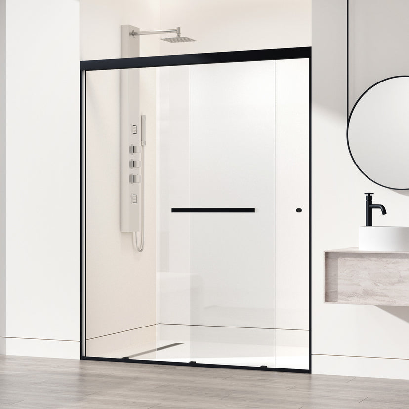 Satro 56 to 60 in W x 74 in H Double-Sliding Door in Matte Black (6mm) Clear Glass and Elan 24 in. Linear Shower Drain