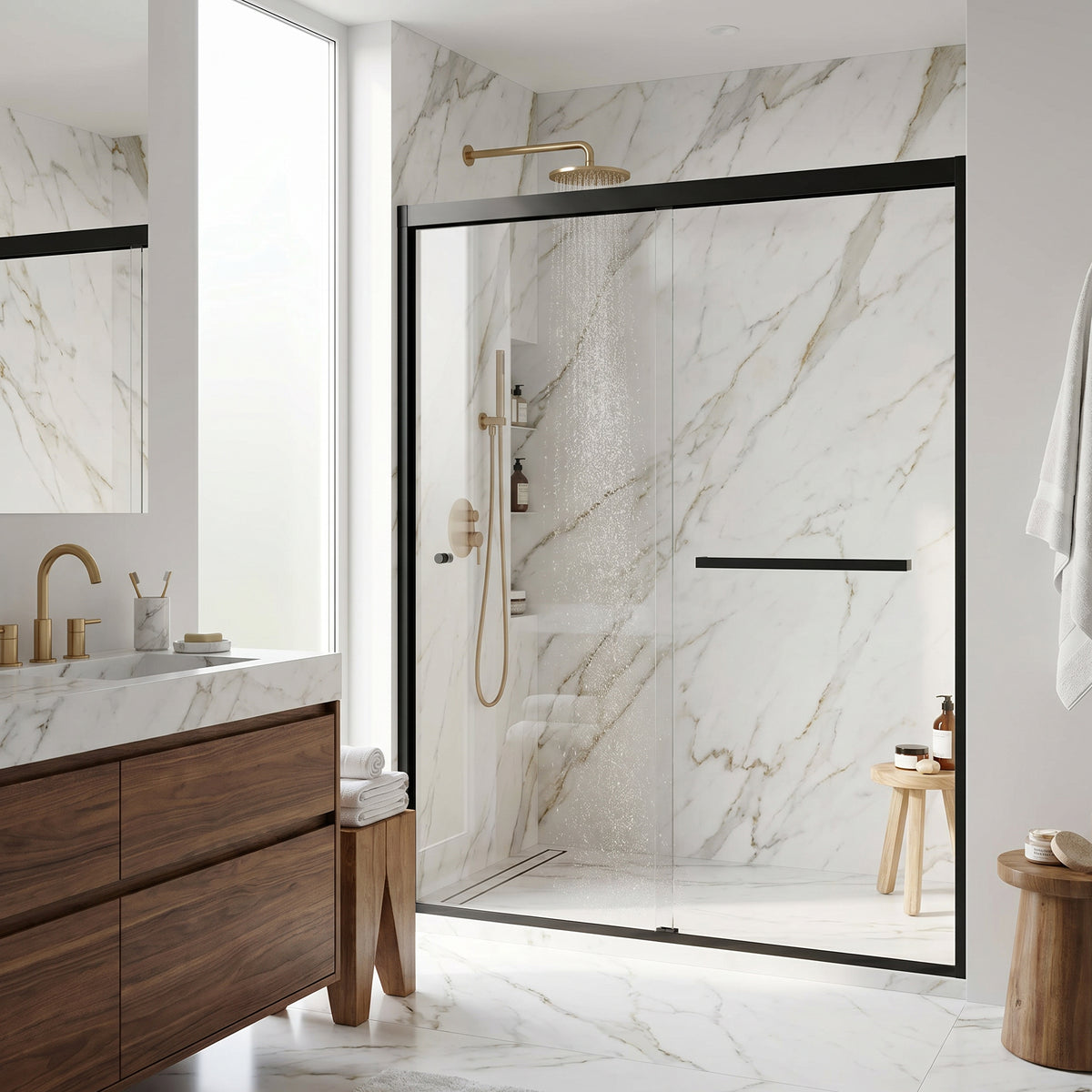 Satro 56 to 60 in W x 74 in H Double-Sliding Door in Matte Black (6mm) Clear Glass and Elan 24 in. Linear Shower Drain
