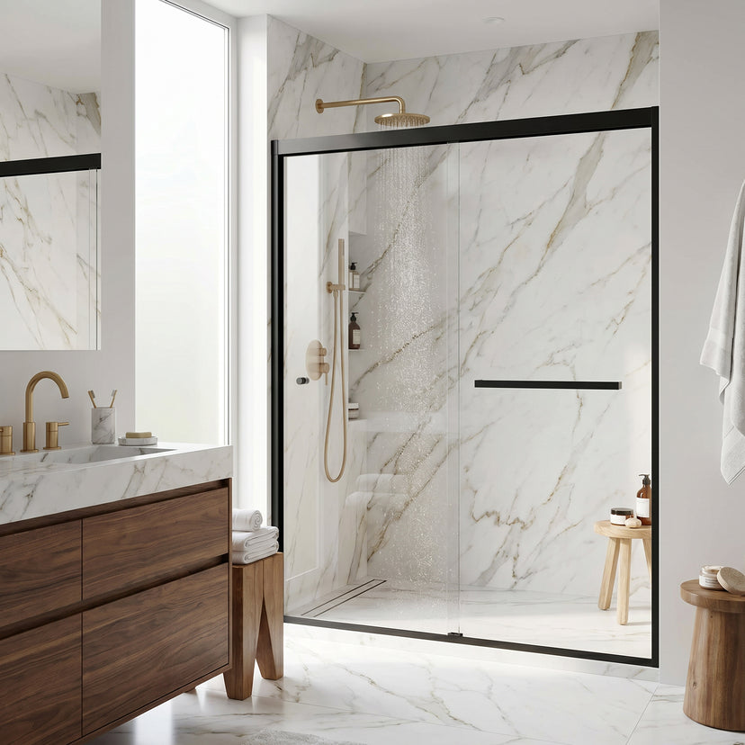 Satro 56 to 60 in W x 74 in H Double-Sliding Door in Matte Black (6mm) Clear Glass and Elan 24 in. Linear Shower Drain