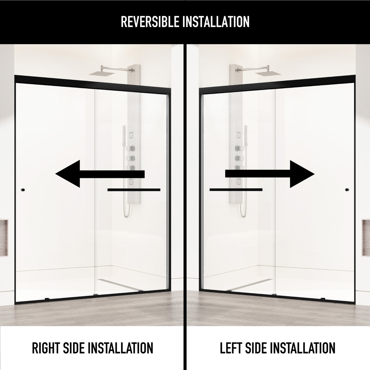 Satro 56 to 60 in W x 74 in H Double-Sliding Door in Matte Black (6mm) Clear Glass and Elan 24 in. Linear Shower Drain