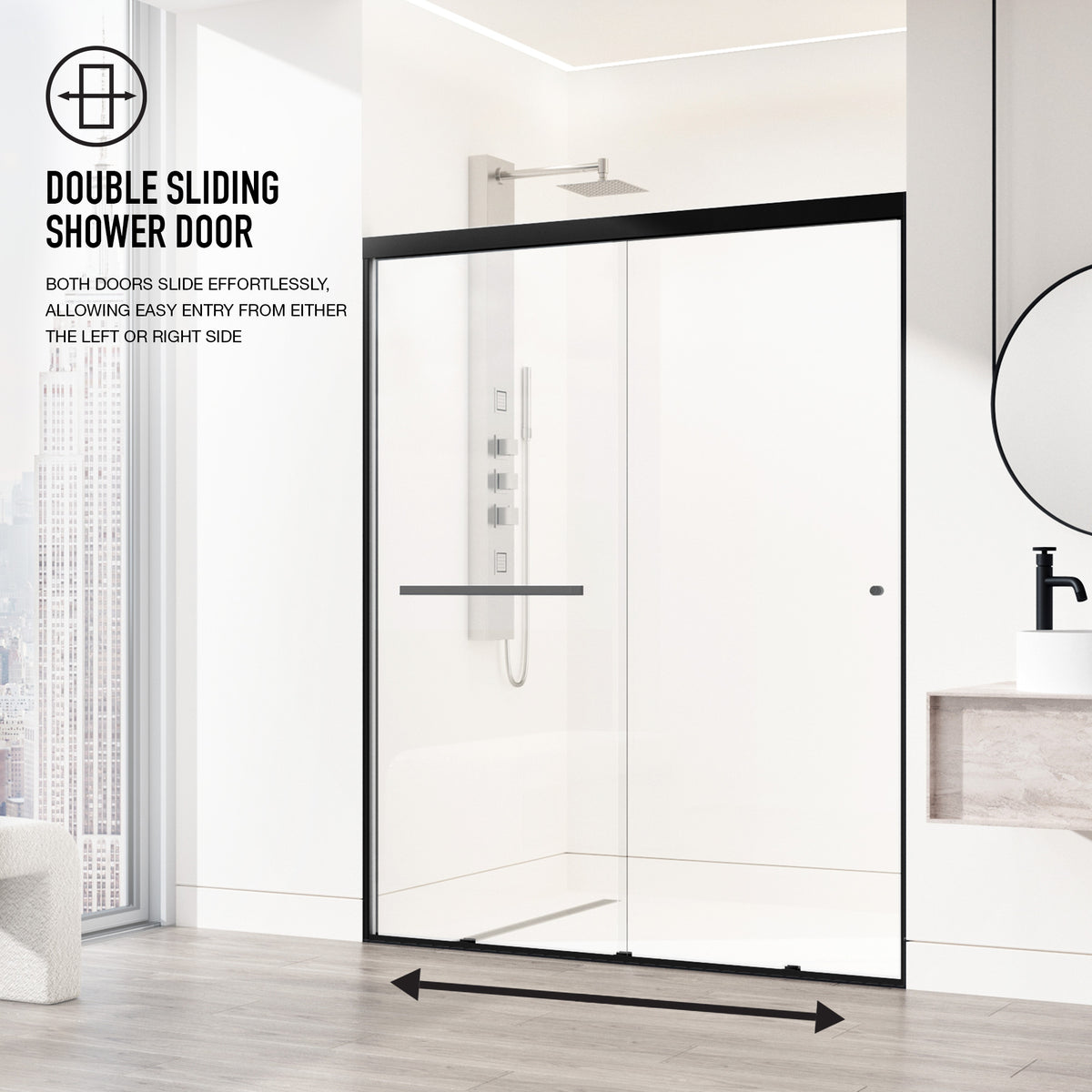 Satro 56 to 60 in W x 74 in H Double-Sliding Door in Matte Black (6mm) Clear Glass and Elan 24 in. Linear Shower Drain