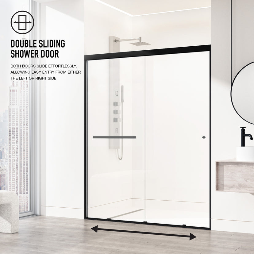 Satro 56 to 60 in W x 74 in H Double-Sliding Door in Matte Black (6mm) Clear Glass and Elan 24 in. Linear Shower Drain