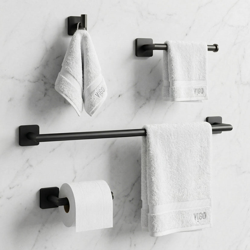 Satro 4-Piece Bath Hardware Set with 24 in. Towel Bar, Toilet Paper Holder, Hand Towel Holder, Hook