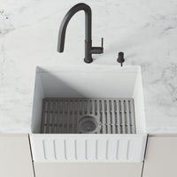 Matte White farmhouse kitchen sink with rectangular shape and modern style
