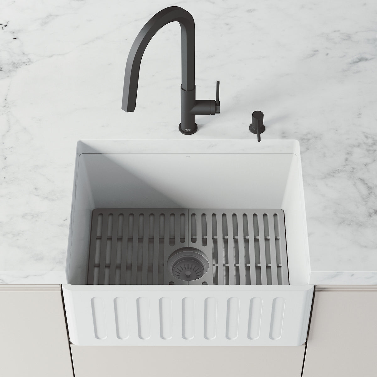 Matte White farmhouse kitchen sink with rectangular shape and modern style