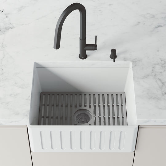Matte White farmhouse kitchen sink with rectangular shape and modern style