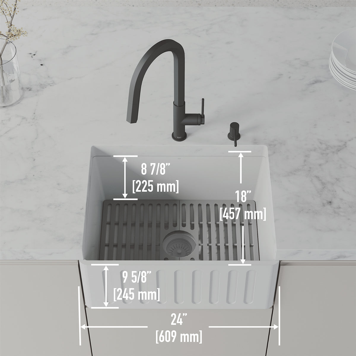 Rectangular farmhouse sink with insulated base and included strainer