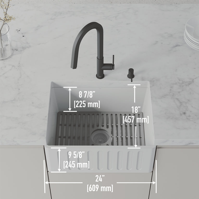 Rectangular farmhouse sink with insulated base and included strainer
