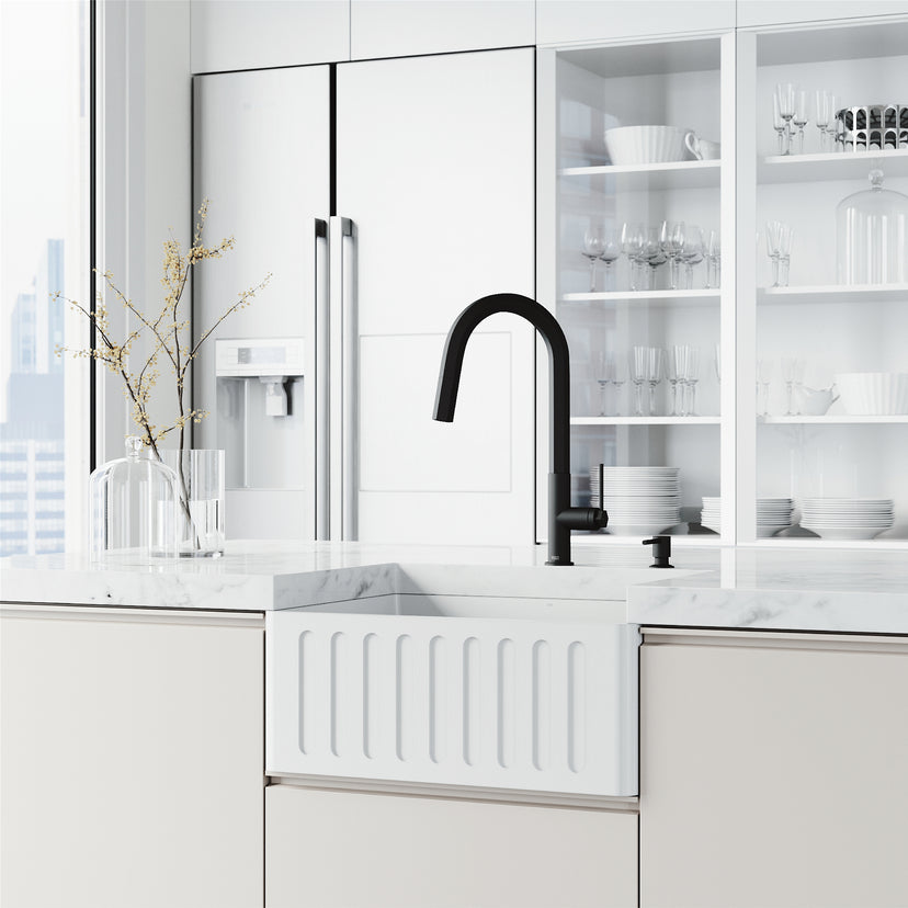 Matte white apron-front sink featuring sound dampening and corrosion resistance