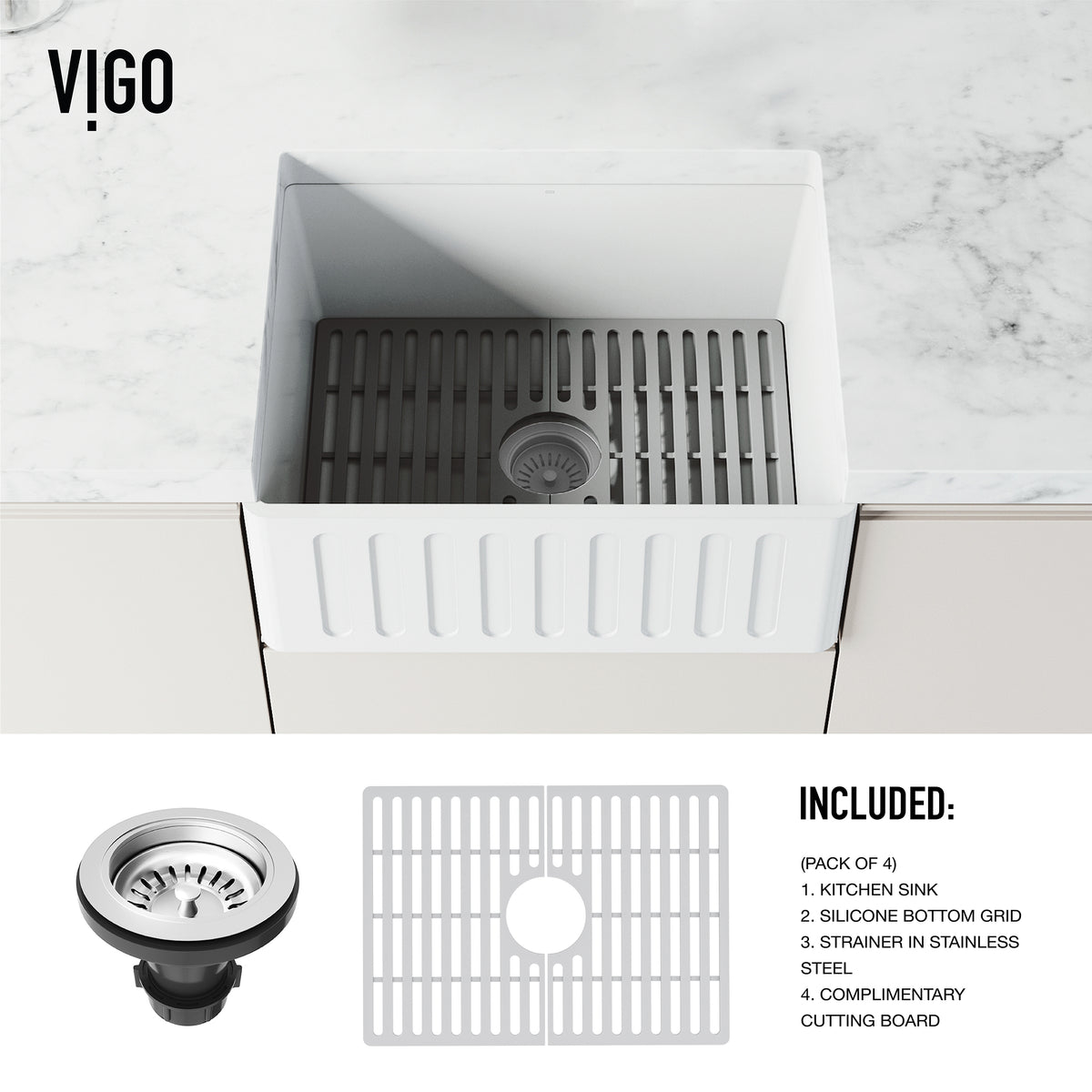 Contemporary kitchen sink with silicone grid and strainer, matte stone material