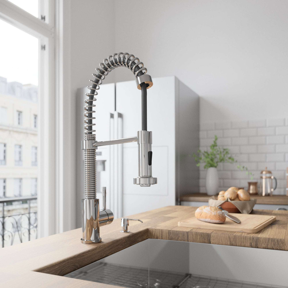 Modern contemporary brass kitchen accessory, deck mount style with commercial approval