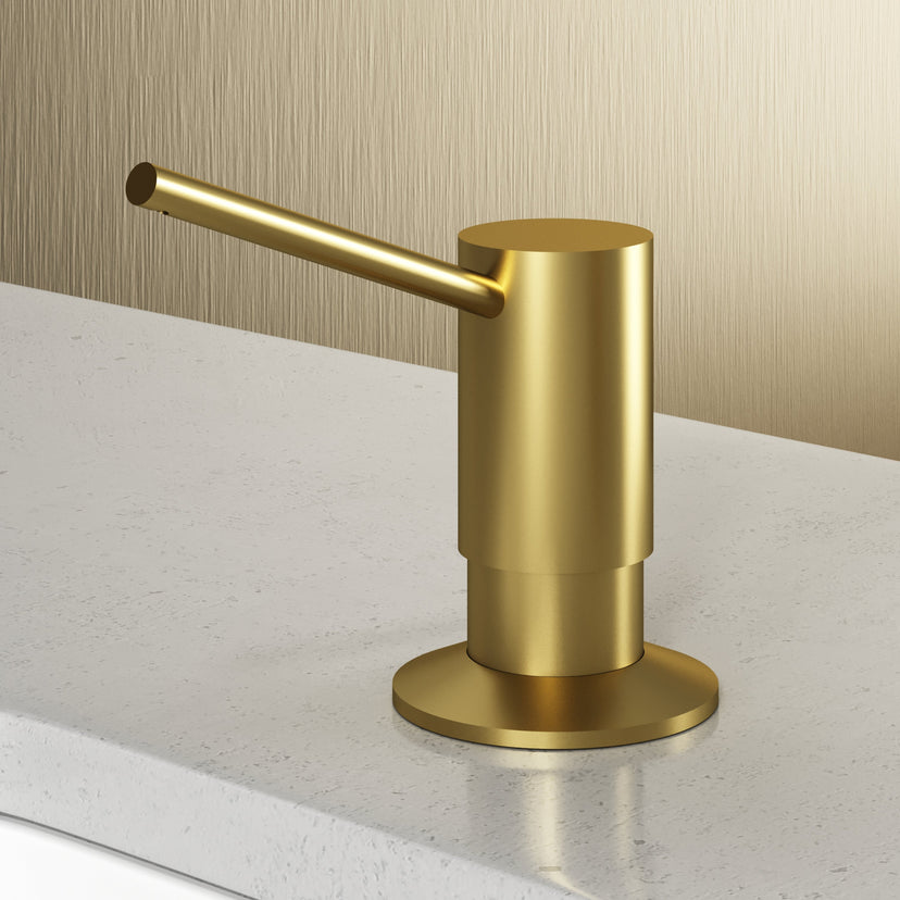 Matte brushed gold kitchen accessory with modern deck mount design