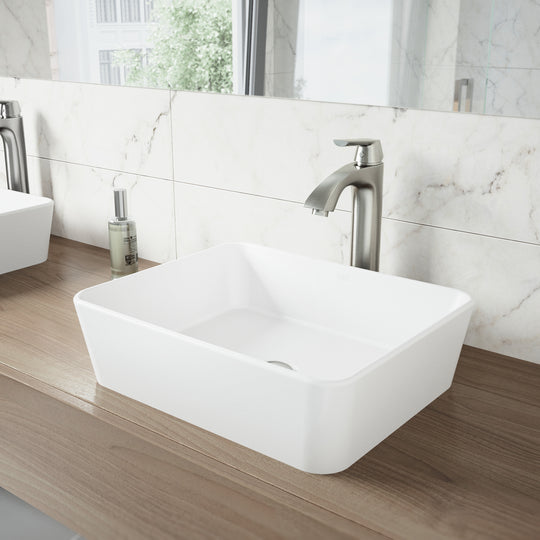 Matte Stone Marigold Composite Rectangular Vessel Bathroom Sink in White with Faucet and Pop-Up Drain in Brushed Nickel