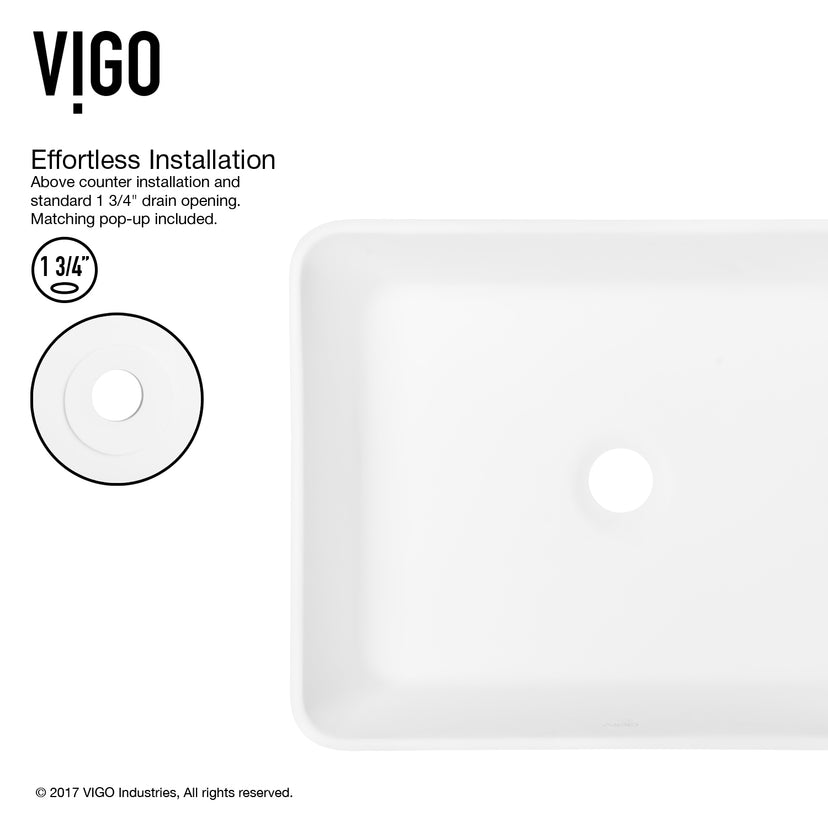 Matte Stone Marigold Composite Rectangular Vessel Bathroom Sink in White with Faucet and Pop-Up Drain in Brushed Nickel