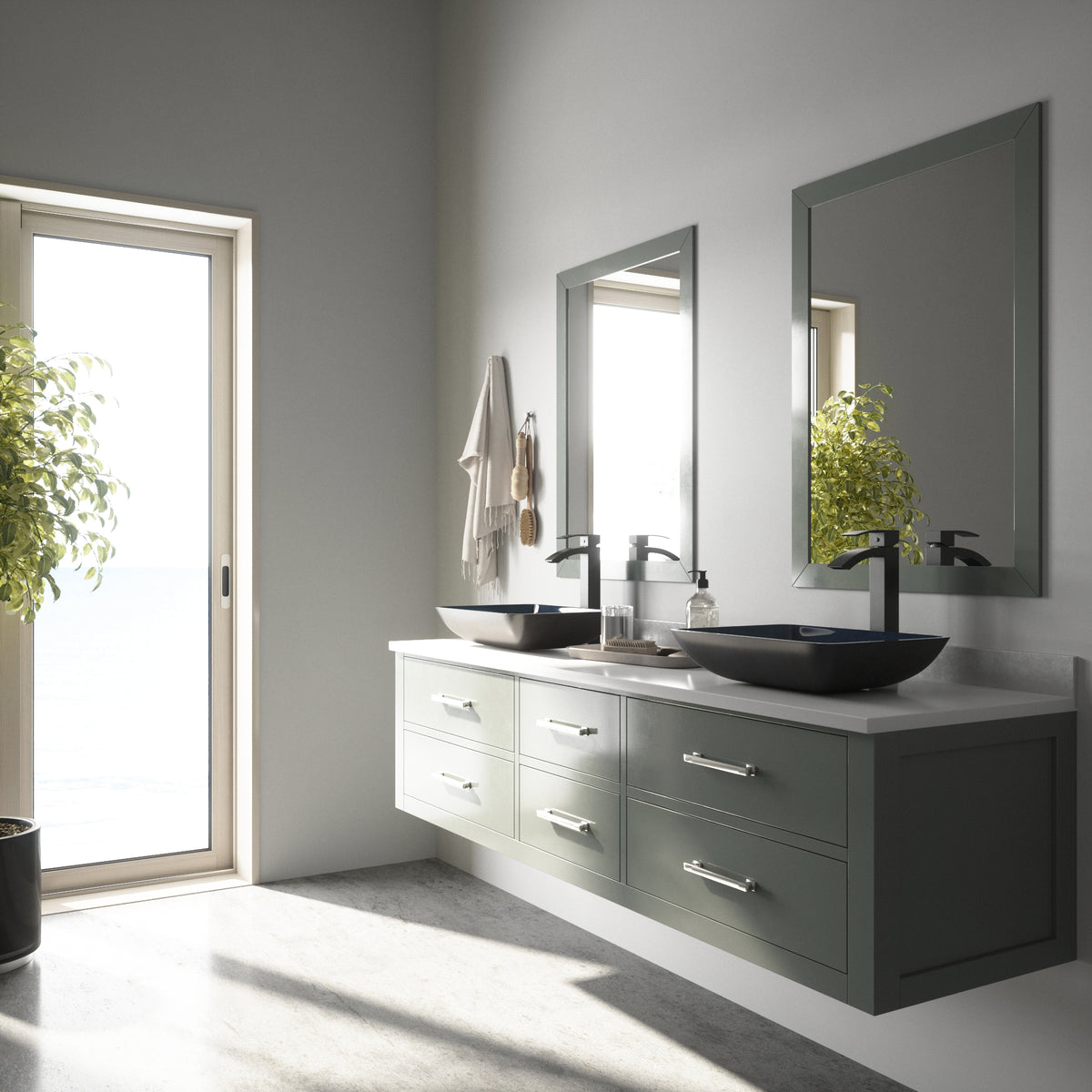 Glass Rectangular Vessel Bathroom Sink in Turquoise Blue with Duris Faucet and Pop-Up Drain in Matte Black