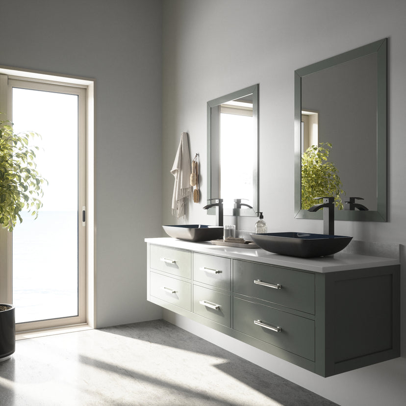 Glass Rectangular Vessel Bathroom Sink in Turquoise Blue with Duris Faucet and Pop-Up Drain in Matte Black