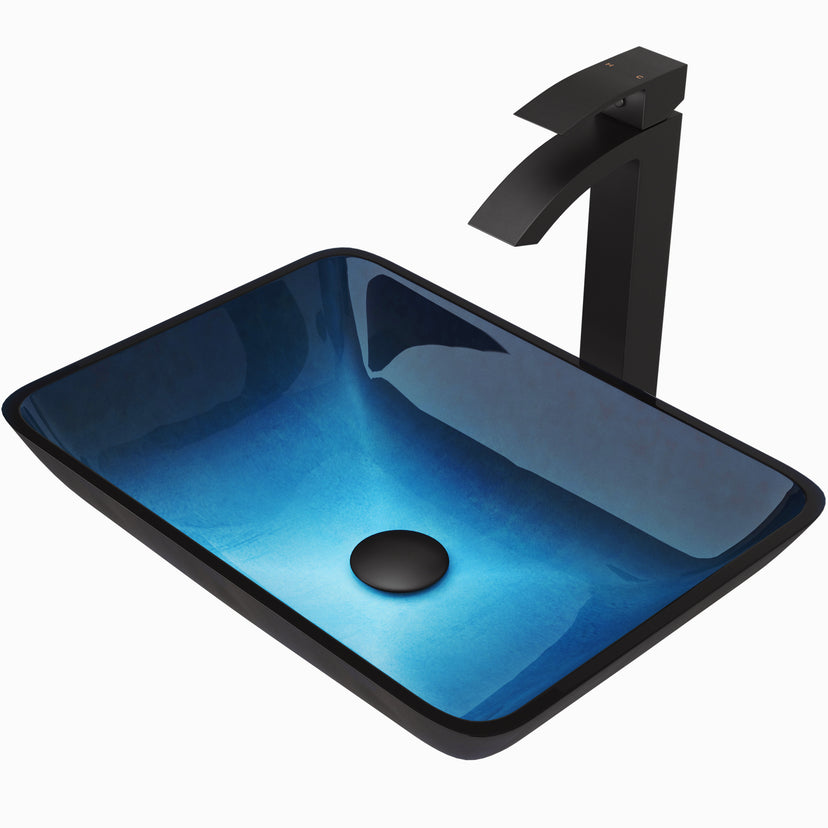 Glass Rectangular Vessel Bathroom Sink in Turquoise Blue with Duris Faucet and Pop-Up Drain in Matte Black