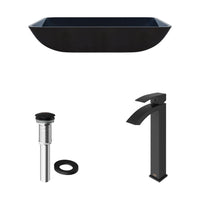 Glass Rectangular Vessel Bathroom Sink in Turquoise Blue with Duris Faucet and Pop-Up Drain in Matte Black
