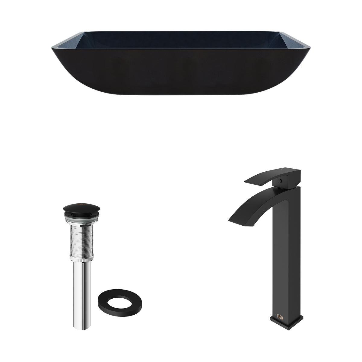 Glass Rectangular Vessel Bathroom Sink in Turquoise Blue with Duris Faucet and Pop-Up Drain in Matte Black
