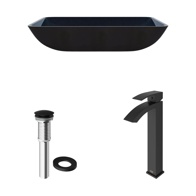 Glass Rectangular Vessel Bathroom Sink in Turquoise Blue with Duris Faucet and Pop-Up Drain in Matte Black