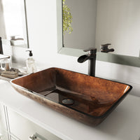 Glass Rectangular Vessel Bathroom Sink in Chocolate Brown with Niko Faucet and Pop-Up Drain in Antique Rubbed Bronze