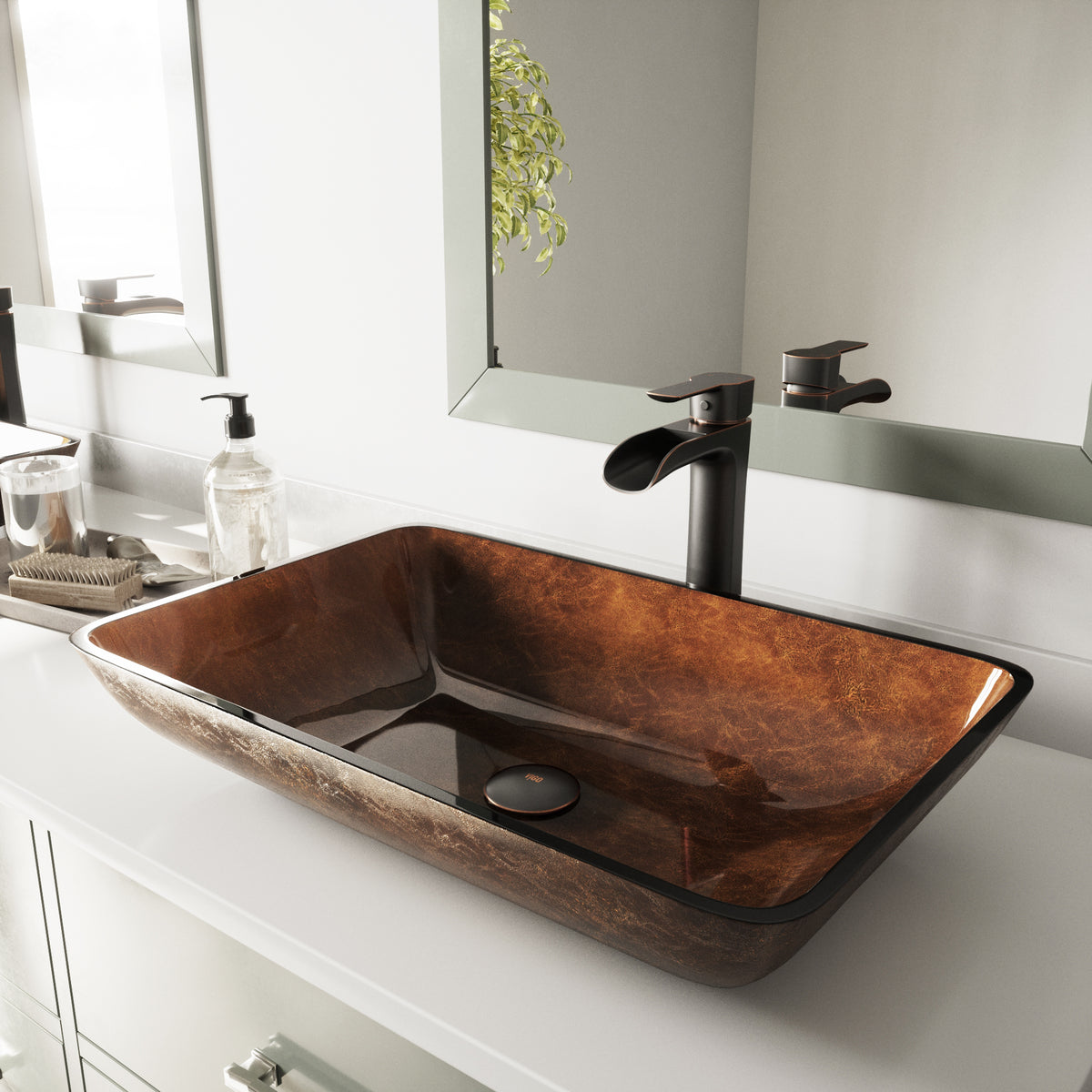 Glass Rectangular Vessel Bathroom Sink in Chocolate Brown with Niko Faucet and Pop-Up Drain in Antique Rubbed Bronze