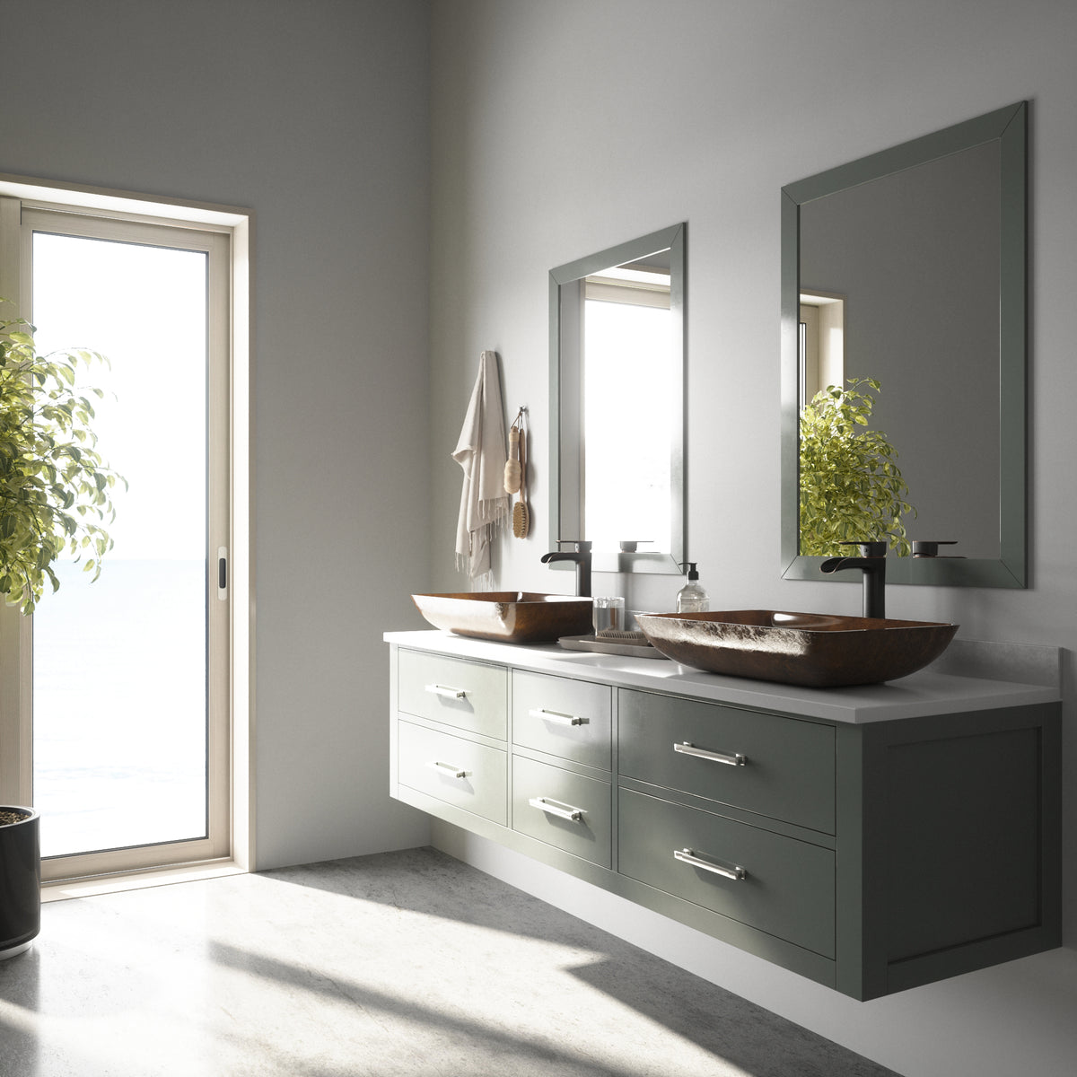 Glass Rectangular Vessel Bathroom Sink in Chocolate Brown with Niko Faucet and Pop-Up Drain in Antique Rubbed Bronze