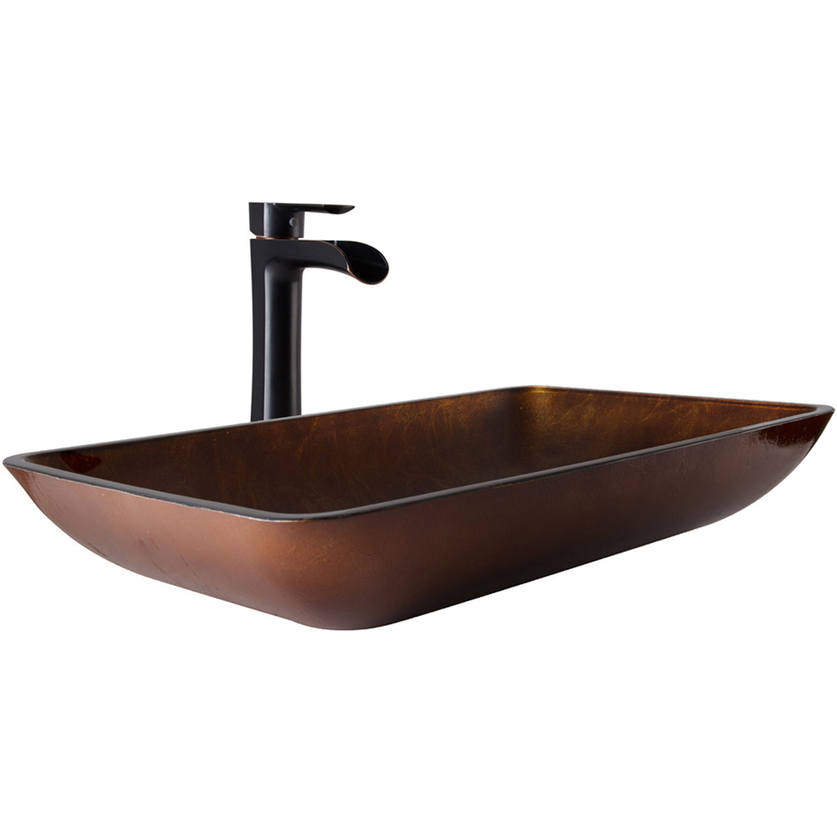Glass Rectangular Vessel Bathroom Sink in Chocolate Brown with Niko Faucet and Pop-Up Drain in Antique Rubbed Bronze