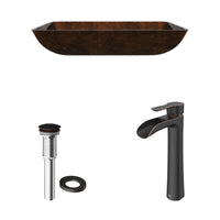 Glass Rectangular Vessel Bathroom Sink in Chocolate Brown with Niko Faucet and Pop-Up Drain in Antique Rubbed Bronze