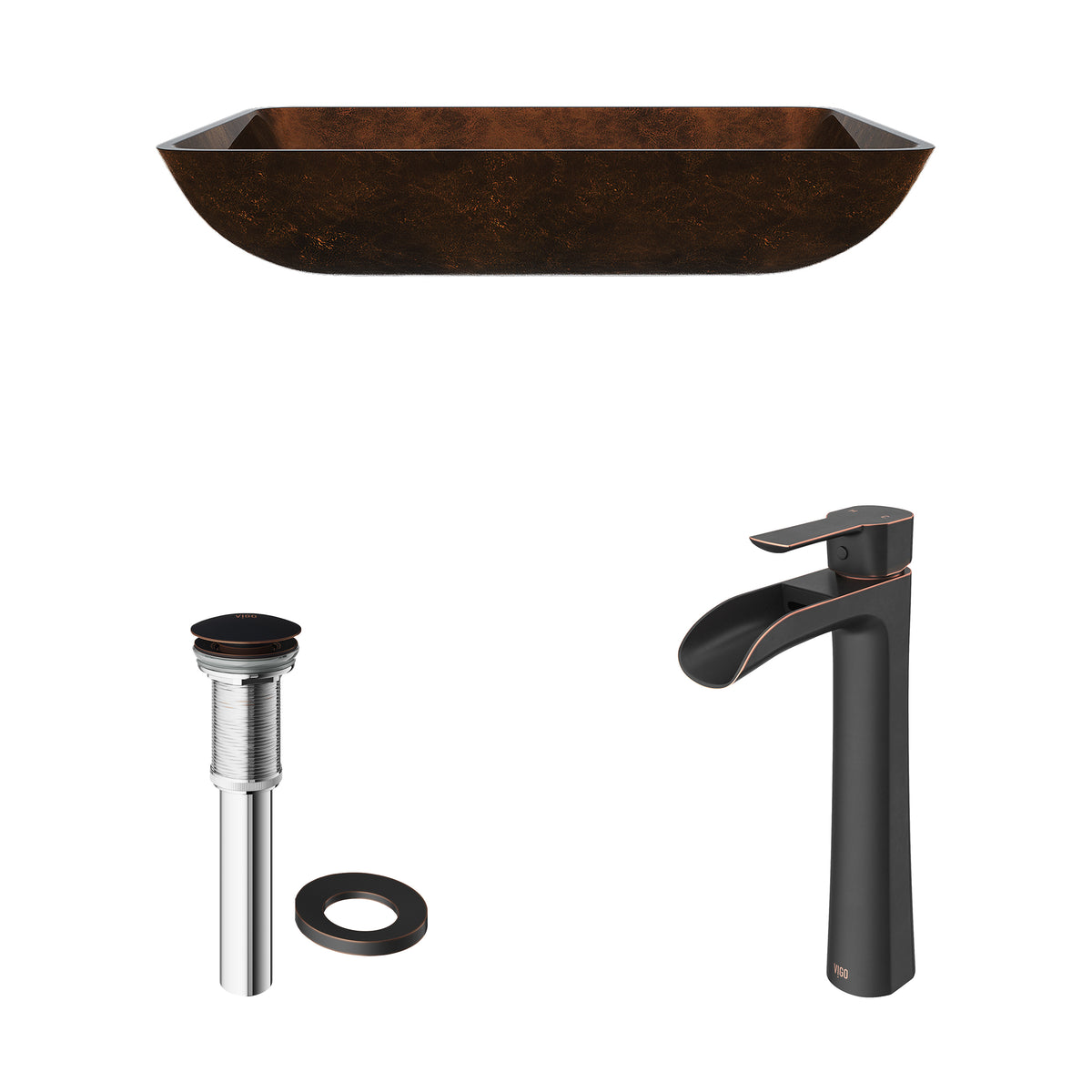 Glass Rectangular Vessel Bathroom Sink in Chocolate Brown with Niko Faucet and Pop-Up Drain in Antique Rubbed Bronze