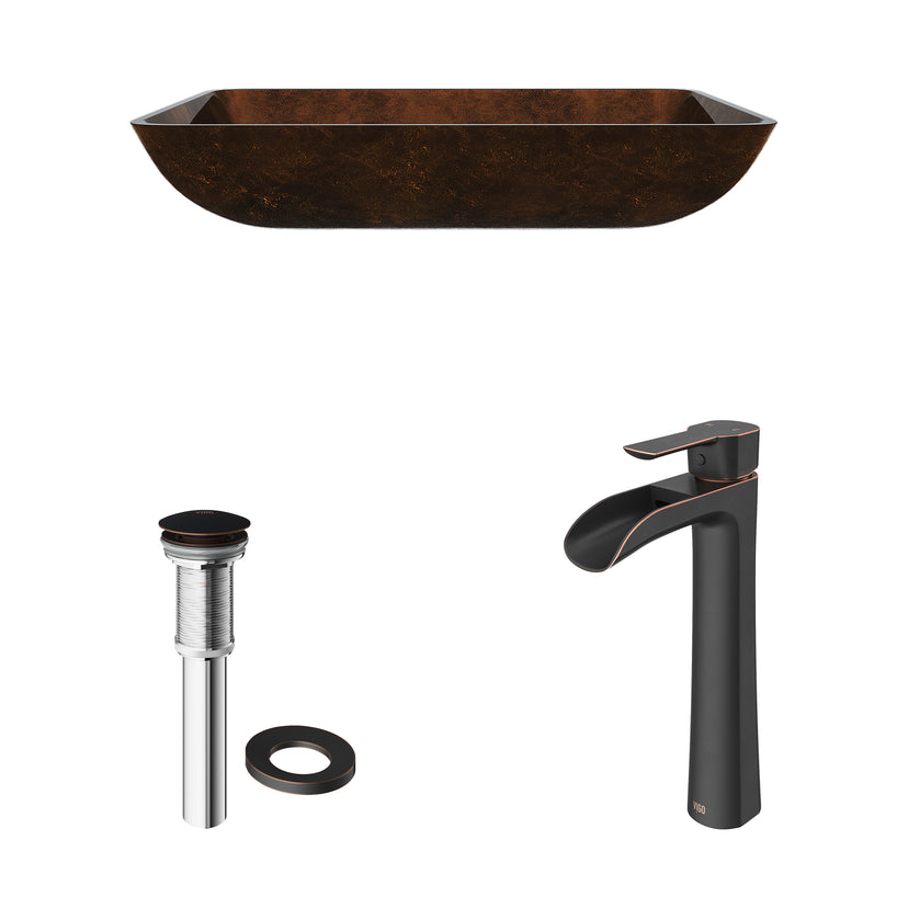 Glass Rectangular Vessel Bathroom Sink in Chocolate Brown with Niko Faucet and Pop-Up Drain in Antique Rubbed Bronze