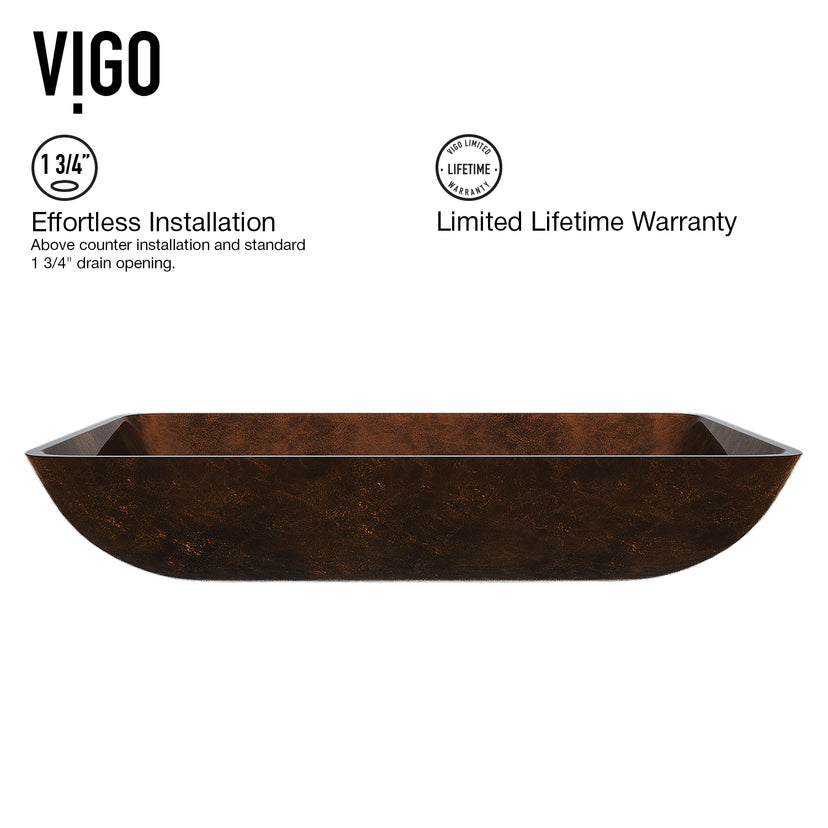 Glass Rectangular Vessel Bathroom Sink in Chocolate Brown with Niko Faucet and Pop-Up Drain in Antique Rubbed Bronze