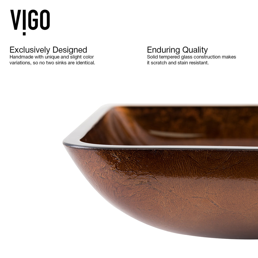 Glass Rectangular Vessel Bathroom Sink in Chocolate Brown with Niko Faucet and Pop-Up Drain in Antique Rubbed Bronze