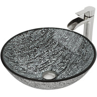 Glass Round Vessel Bathroom Sink in Titanium Gray with Niko Faucet and Pop-Up Drain in Brushed Nickel