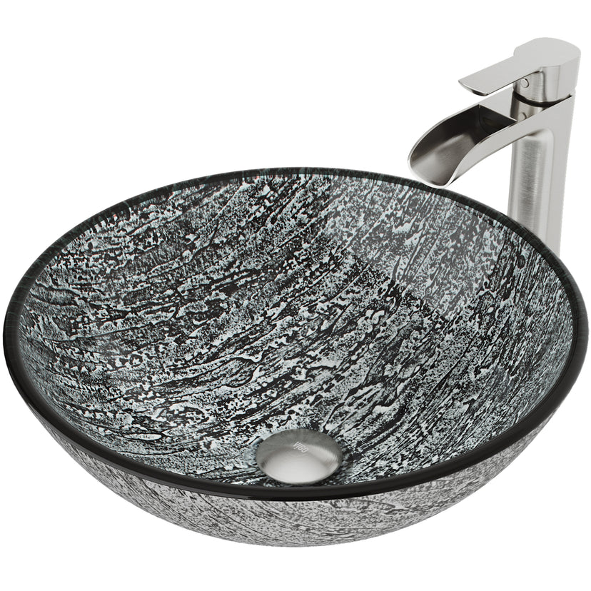 Glass Round Vessel Bathroom Sink in Titanium Gray with Niko Faucet and Pop-Up Drain in Brushed Nickel