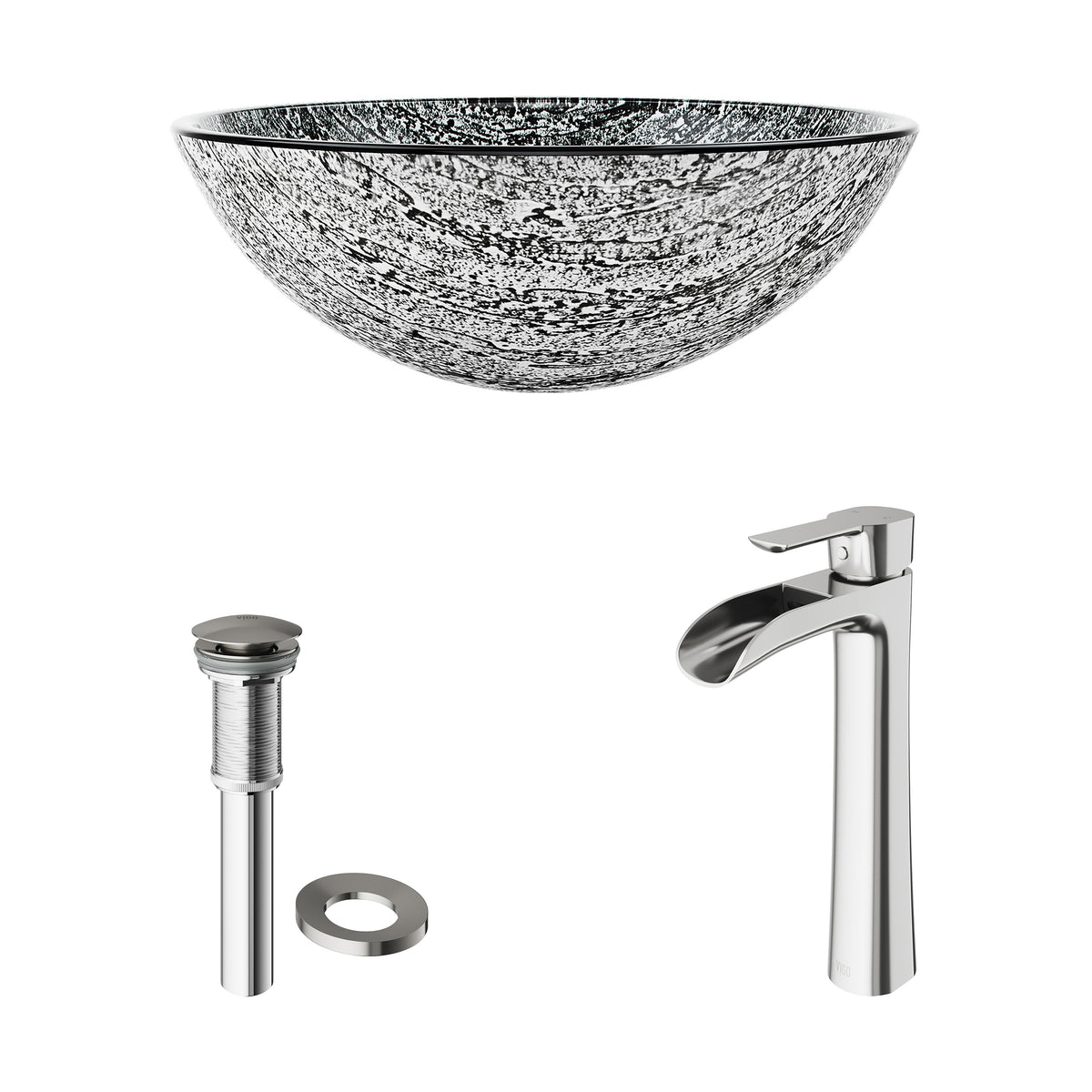 Glass Round Vessel Bathroom Sink in Titanium Gray with Niko Faucet and Pop-Up Drain in Brushed Nickel